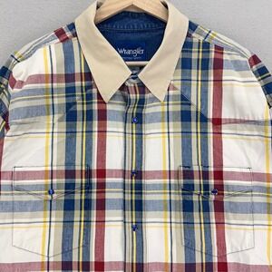 Wrangler Western Shirt Mens XXL Cream Plaid Long Sleeve‎ Thick Pearl Snap Rodeo
